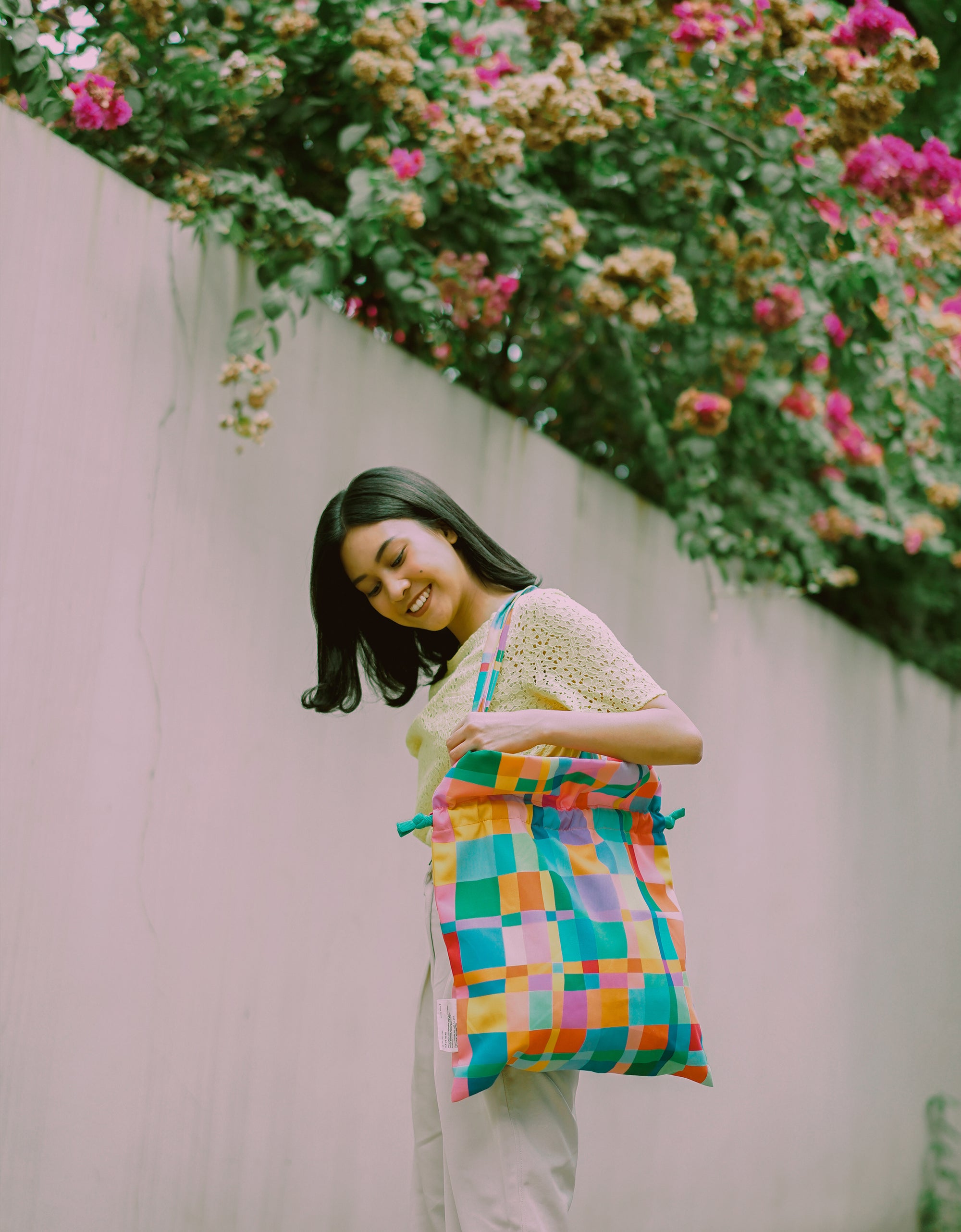 Drawstring Tote Bag - Colorful Plaids
