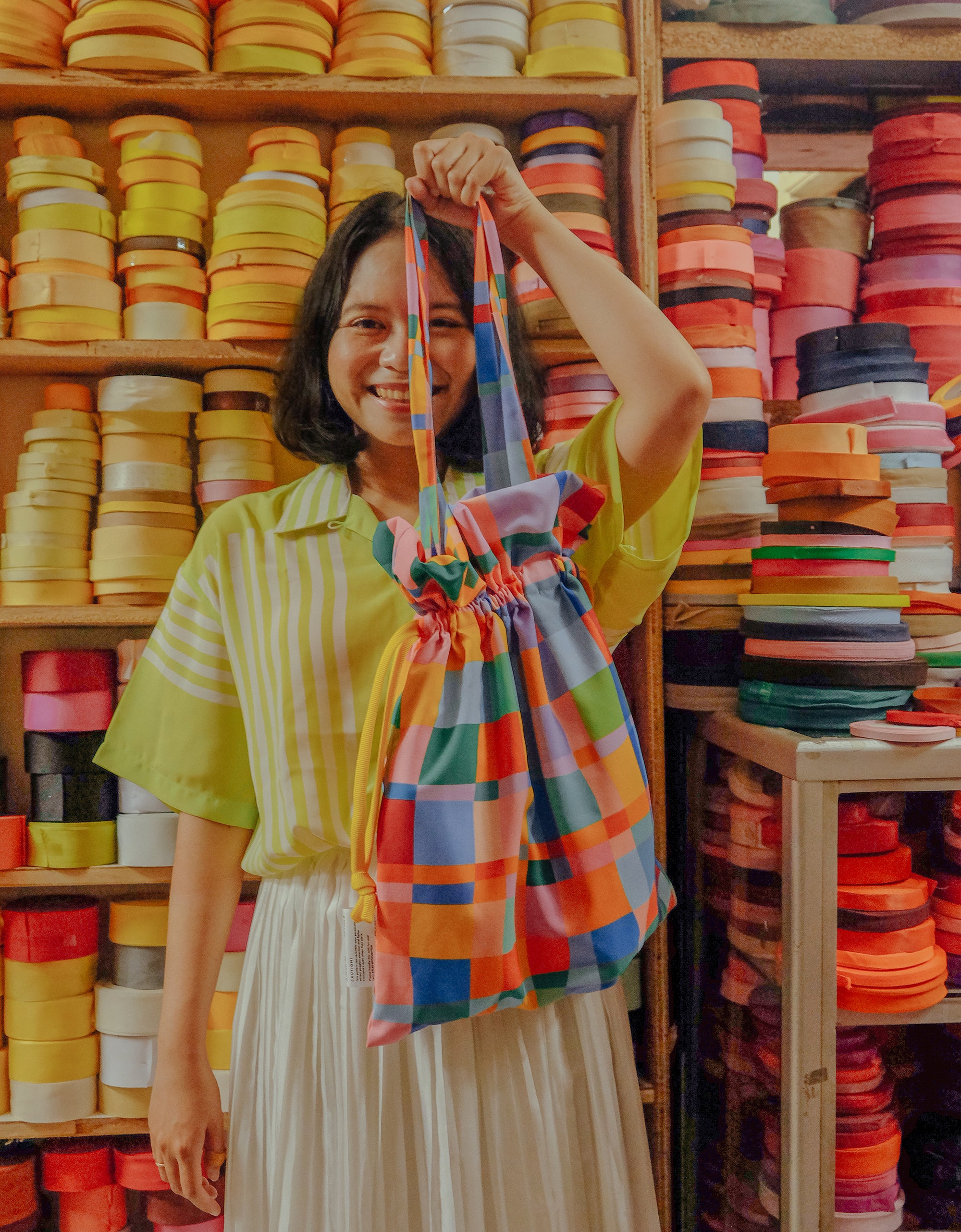Drawstring Tote Bag - Colorful Plaids