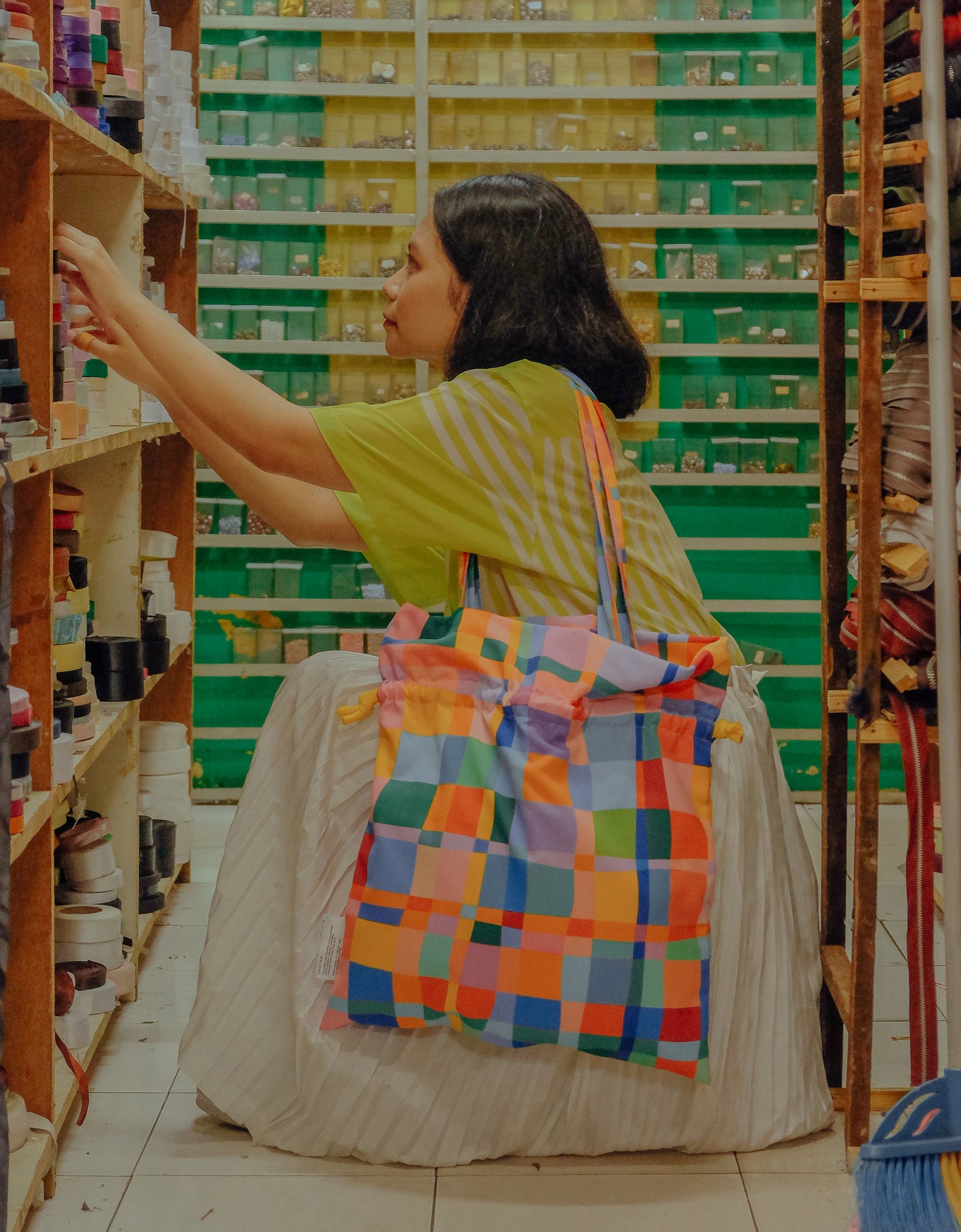 Drawstring Tote Bag - Colorful Plaids