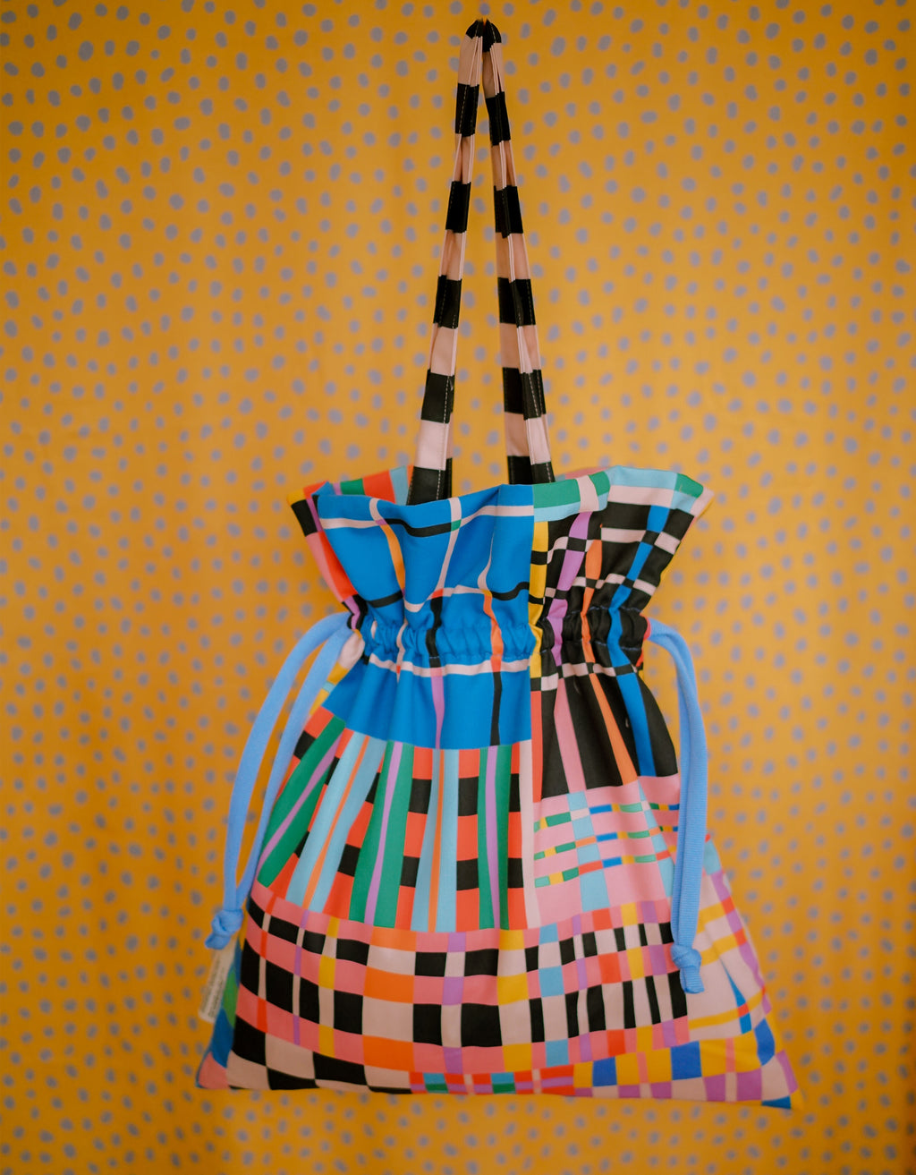 Drawstring Tote Bag - Plaids Black